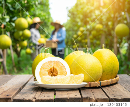 AI generated A rustic wooden table filled with fresh pomelos including halved fruits and peeled segments on white plate Background shows pomelo orchard with farmers harvesting agriculture themes AI generated A rustic wooden table filled with fresh pomelos including halved fruits and peeled segments on white plate Background shows pomelo orchard with farmers harvesting agriculture themes 129403146