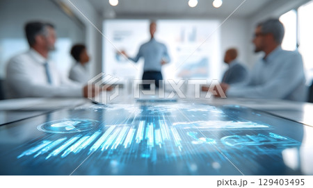 manager holding team meeting with clear visuals and charts on table, smooth lighting, 3D render 129403495
