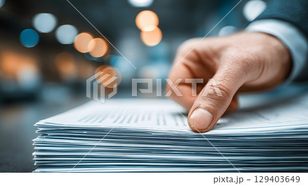 close-up of hand stacking documents for team briefing, modern organization, 3D render, 129403649