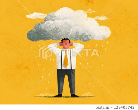 emotional illustration of worker with cloud raining over head, 129403742