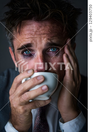 sad businessman holding coffee cup and dark circle eyes, 129403750