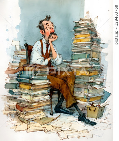 watercolor sketch of tired teacher with stacks of papers, 129403769