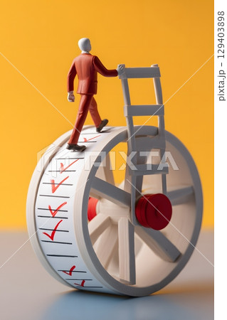 sad figure walking on treadwheel with endless to-do list, 129403898
