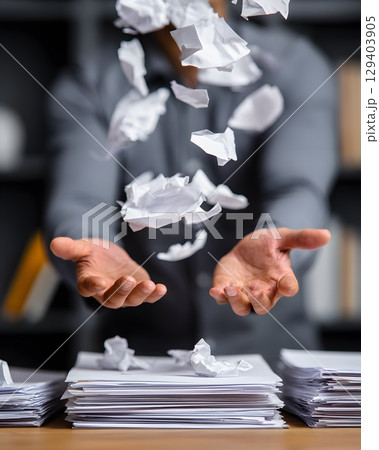 concept photo of hands dropping paperwork and giving up, 129403905