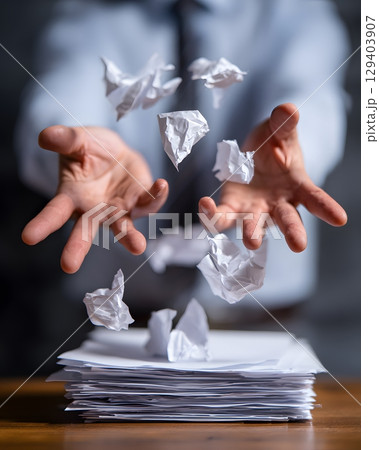 concept photo of hands dropping paperwork and giving up, 129403907