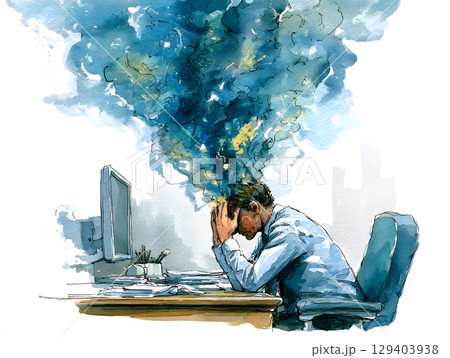 watercolor sketch of corporate burnout, 129403938