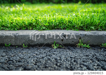 縁石に沿って生い茂る青々とした草と道路 129404015