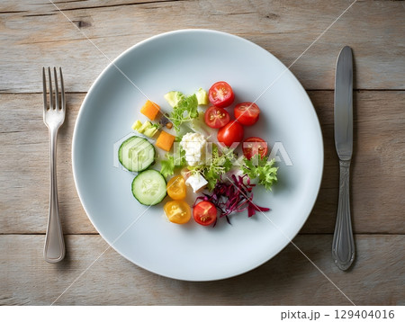 top view of small portion on large plate, conceptual photo, 129404016