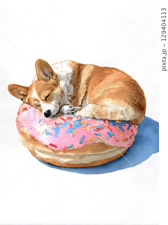 Watercolor sleeping corgi in a donut, 129404113