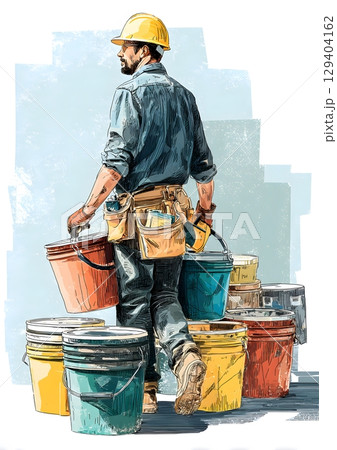 cut-paper style of contractor preparing tool buckets, 129404162