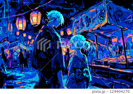 夜の祭りでのカップルのロマンチックな瞬間 夜の祭りでのカップルのロマンチックな瞬間 129404270