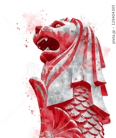 Iconic Merlion statue painted in red and white, watercolor texture, Iconic Merlion statue painted in red and white, watercolor texture, 129404305