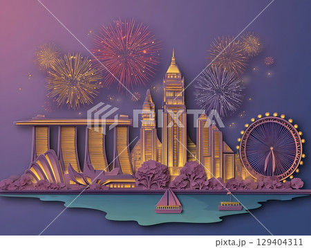 Papercut Singapore landmarks with glowing fireworks, 129404311
