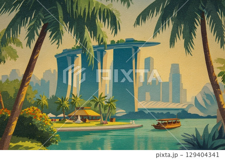 Vintage watercolor travel poster for Singapore August 9, 129404341