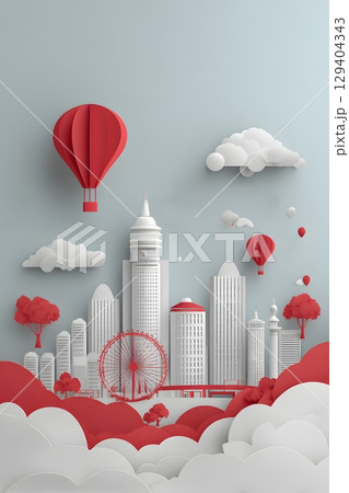 Stylized paper Singapore skyline with red ribbons and balloons, 129404343
