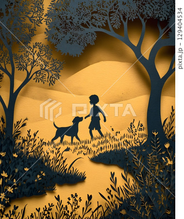 Papercut dog and kid playing together in meadow, 129404534