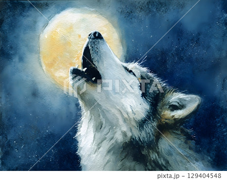 Watercolor husky howling under moonlight, 129404548