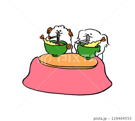 こたつでそばを食べる2匹の犬 こたつでそばを食べる2匹の犬 129404555