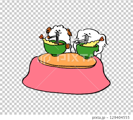 こたつでそばを食べる2匹の犬 こたつでそばを食べる2匹の犬 129404555