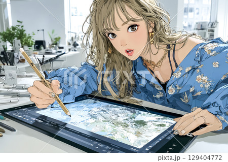 タブレットを駆使してイラストを作成する女性のイラスト素材 129404772