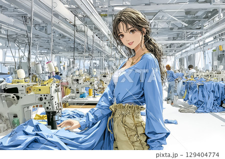 裁縫工場で縫い上がった製品を検品する女性のイラスト素材 満足げな優しい表情 裁縫工場で縫い上がった製品を検品する女性のイラスト素材 満足げな優しい表情 129404774