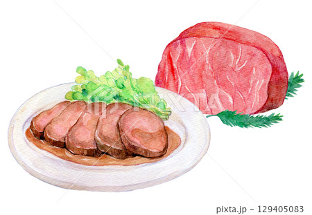 水彩イラスト　手描きイラスト　ローストビーフ 129405083