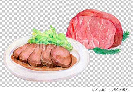 Watercolor illustration, hand-drawn illustration, roast beef 129405083