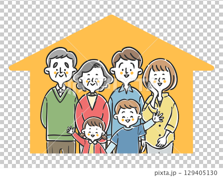 三代人微笑的家庭和房子向量 129405130
