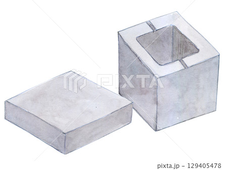 水彩イラスト　手描きイラスト　コンクリートブロック 129405478