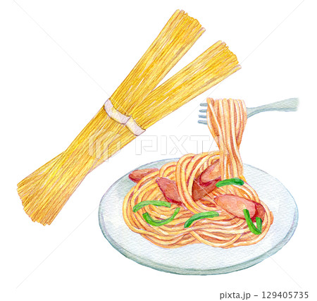 水彩イラスト　手描きイラスト　ナポリタンと乾パスタ 129405735