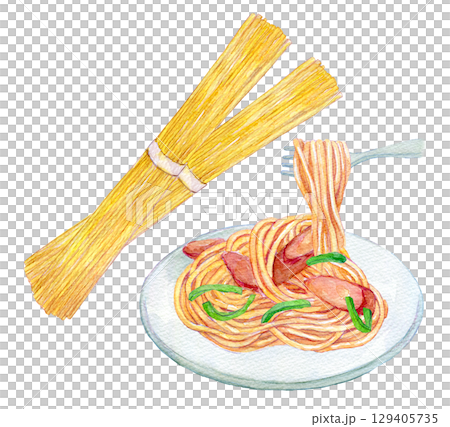 水彩イラスト　手描きイラスト　ナポリタンと乾パスタ 129405735