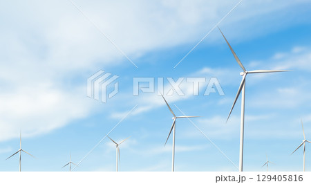 Wind Mill Power Energy Farm Generator Renewable Sustainable Field on Blue Sky, Environment Eco System Technology Industry Ecology Electricity Power Propeller Turbine Clean Carbon. 129405816
