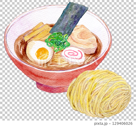 Watercolor illustration, hand-drawn illustration, soy sauce ramen, fresh noodles Watercolor illustration, hand-drawn illustration, soy sauce ramen, fresh noodles 129406026