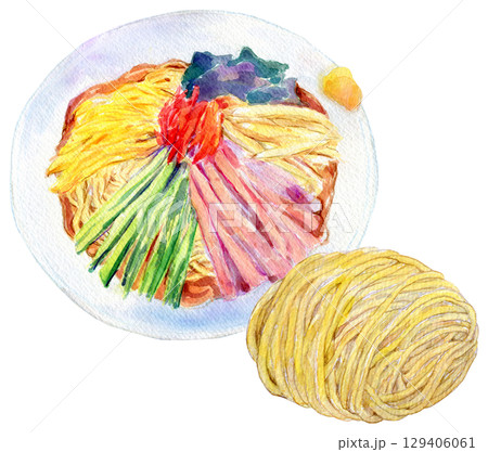 水彩イラスト　手描きイラスト　冷やし中華　生麺 129406061