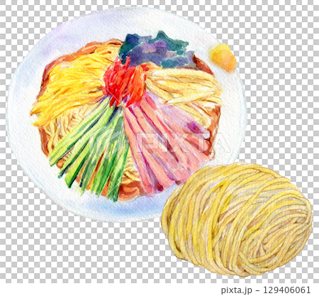 水彩イラスト　手描きイラスト　冷やし中華　生麺 129406061
