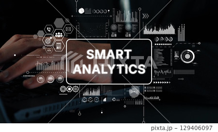 Innovative Data Analysis Interface with Smart Analytics Displaying Advanced Graphic Visualizations and Insights. Asymptotic smart data analytic 129406097