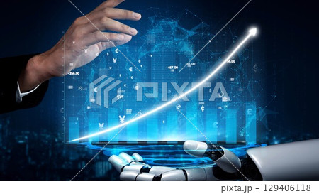 Futuristic Business Interface with Human Hand and Robotic Hand Interacting with Digital Data and Graph Representing Growth in Technology Sector Copula 129406118