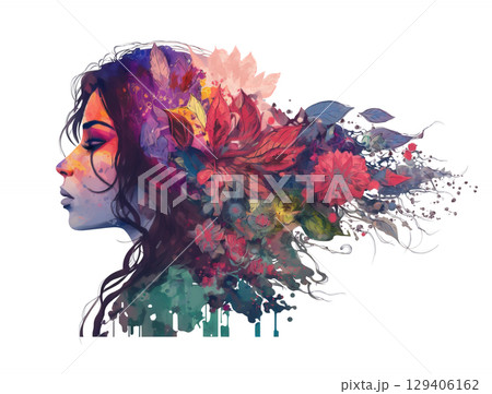 Watercolor of Profile of Woman with floral elements isolated on white Watercolor of Profile of Woman with floral elements isolated on white 129406162