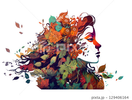 Watercolor of Profile of Woman with floral elements isolated on white 129406164