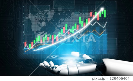 Futuristic Robot Hand Presenting Digital Stock Market Graph with Increasing Trends and World Map in Background for Finance and Technology Concepts Copula Futuristic Robot Hand Presenting Digital Stock Market Graph with Increasing Trends and World Map in Background for Finance and Technology Concepts Copula 129406404
