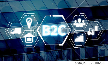 B2C Business Model with Consumer Delivery, Retail, and Growth Icons Muxer 129406406