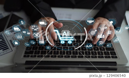 AI Ecommerce Shopping Technology with Data Analytic and Smart Retail Icons Muxer 129406540