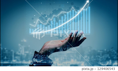 Hand Holding Rising Graph Displaying Financial Growth with Abstract City Background Symbolizing Success and Progress in Business and Investment Copula 129406543