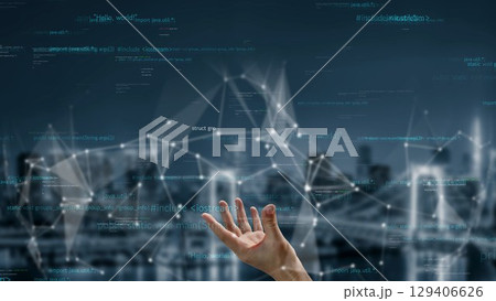 Futuristic digital network concept with hand reaching out towards vibrant connections and data structures in a modern city background xenic Futuristic digital network concept with hand reaching out towards vibrant connections and data structures in a modern city background xenic 129406626
