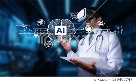 Doctor in Virtual Reality Glasses Exploring Artificial Intelligence Concepts in a High-Tech Medical Environment with Digital Graphics and Data Visualization. PHMT 129406747