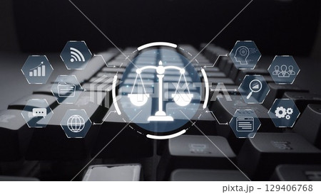 Digital law interface displaying justice scale, highlighting digital law Muxer Digital law interface displaying justice scale, highlighting digital law Muxer 129406768