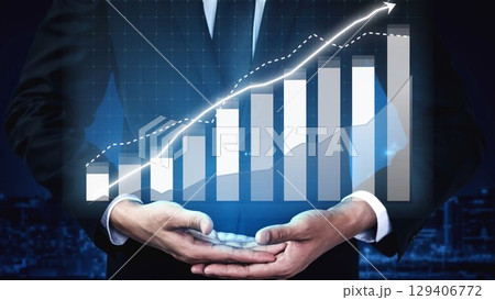 Businessman in Suit Presenting Growth Graph with Financial Data Visualizations, Symbolizing Success and Prosperity in Corporate Environment Copula 129406772