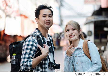 Travel adventure in vibrant market streets moments outdoor environment candid viewpoint exploring culture 129406794