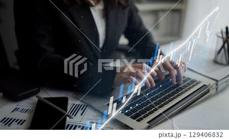 Business professional typing on laptop with financial graphs and charts overlay, illustrating data analysis and digital technology in modern workplace Copula Business professional typing on laptop with financial graphs and charts overlay, illustrating data analysis and digital technology in modern workplace Copula 129406832