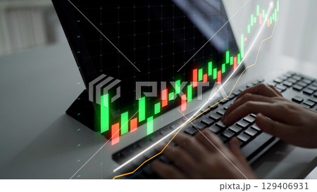 Professional Hands Typing on Keyboard with Stock Market Graph on Screen, Analyzing Data Trends for Financial Success and Investment Strategy Copula 129406931